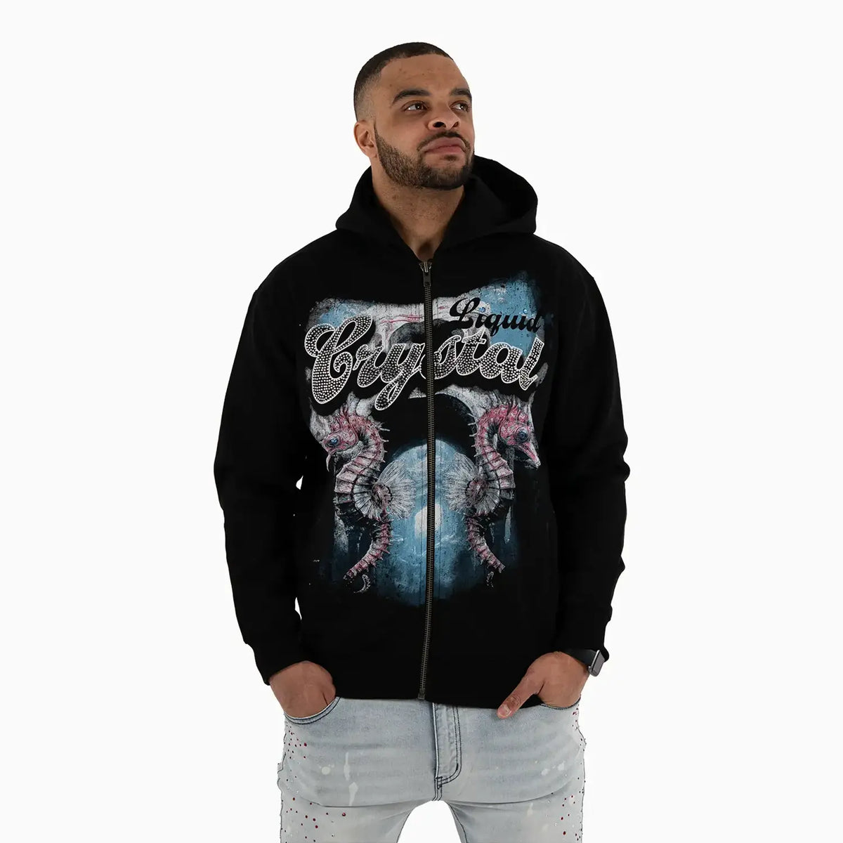 Men's LC Rhine Stone Sea Horses Hoodie