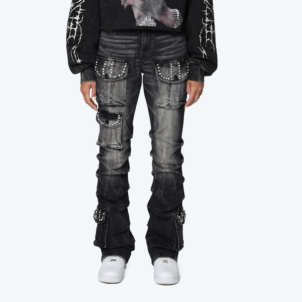 Women's High Rise Rhinestone Stacked Jeans Pant