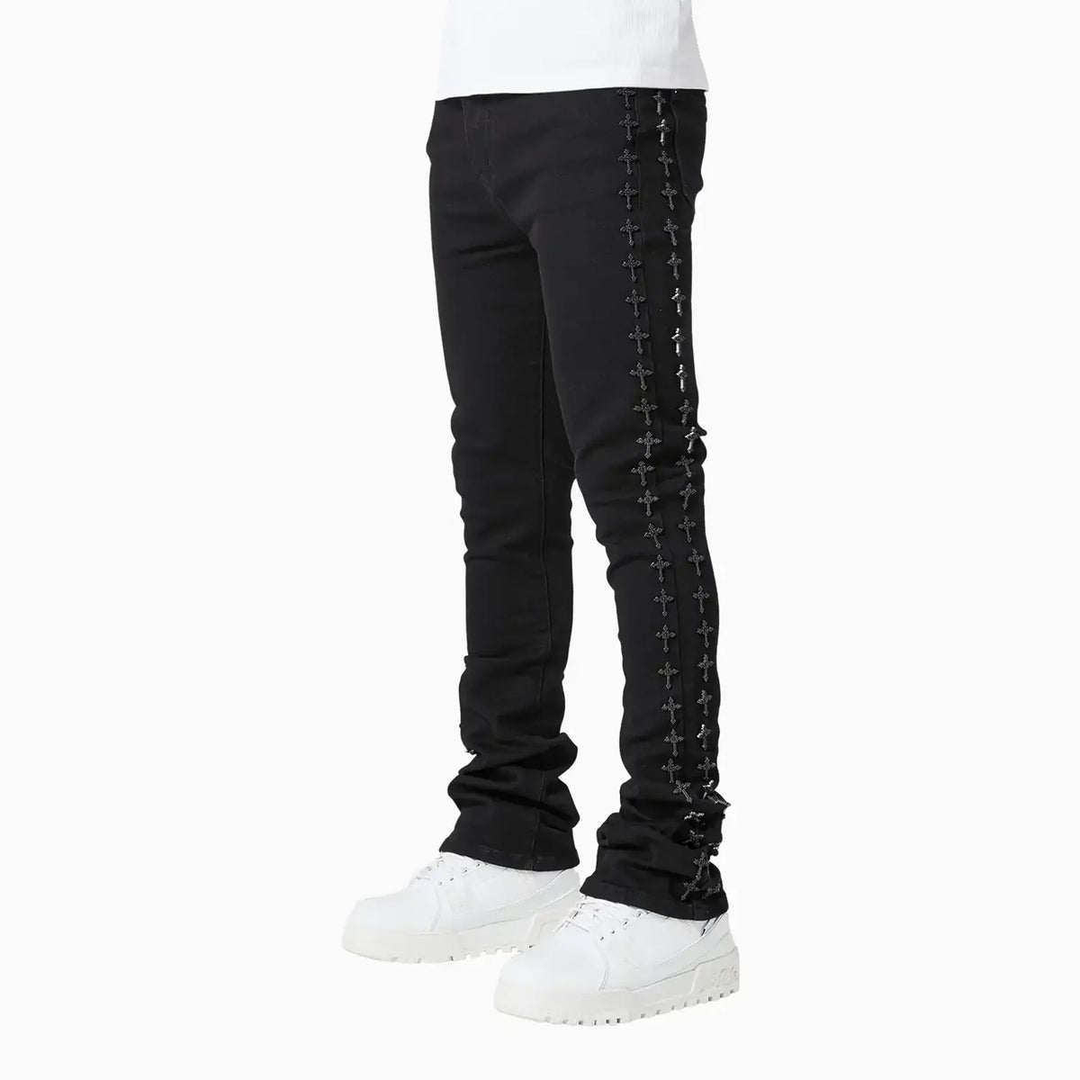 Men's All Black Crosses Embellished Denim Pant