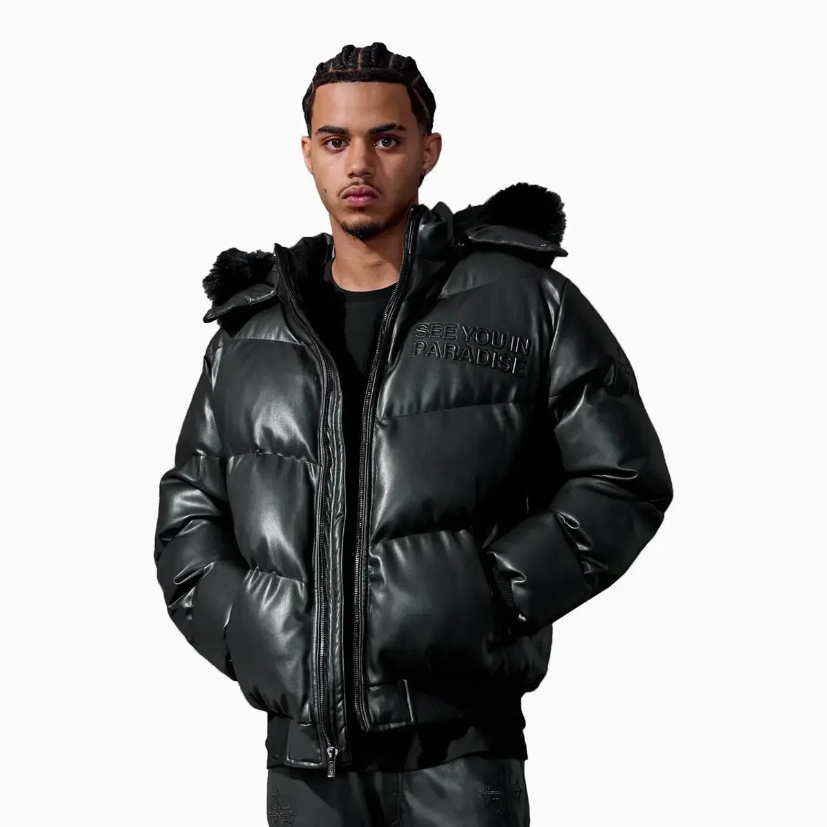 Chaqueta de plumón de PU con relieve SYIP para hombre