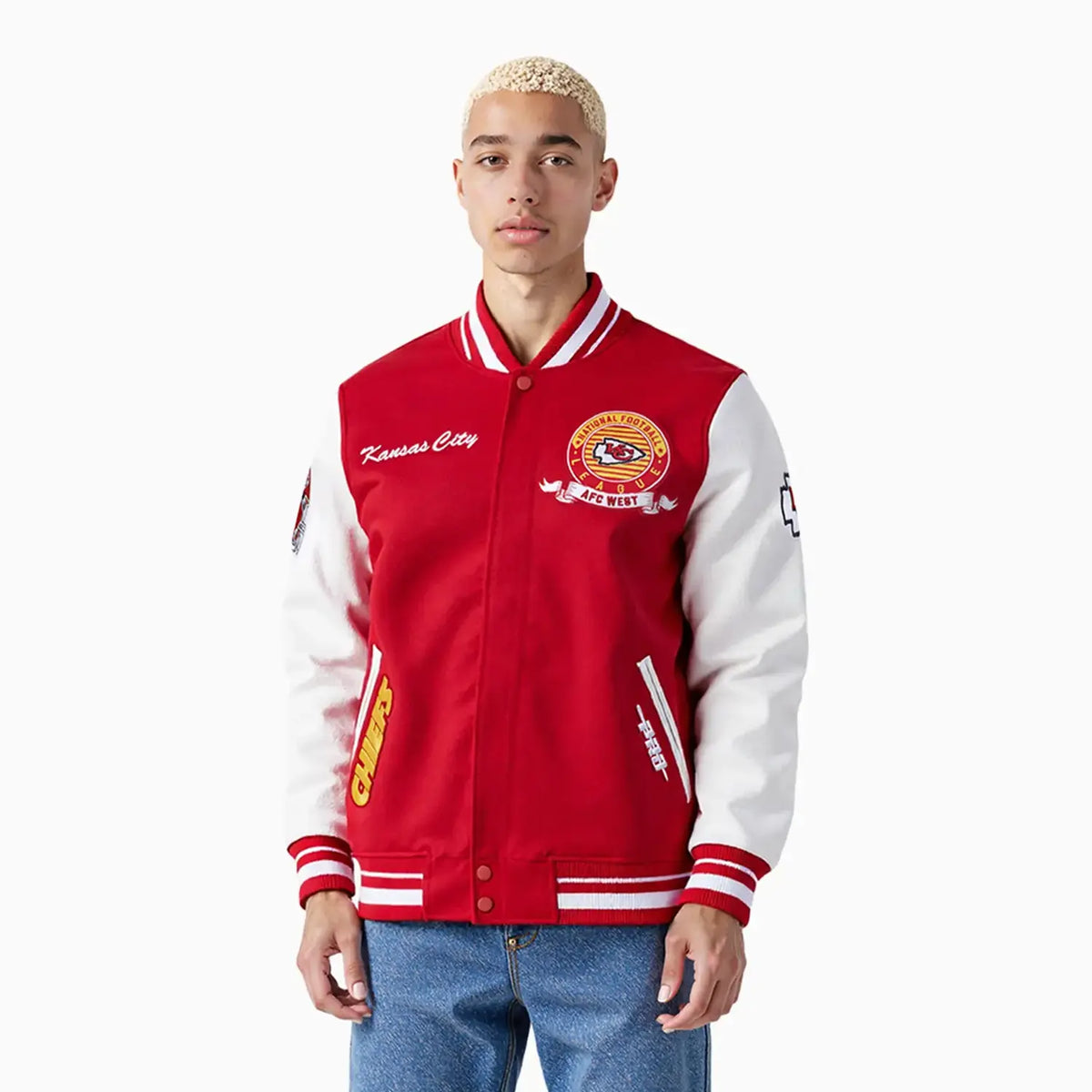 Chaqueta universitaria de lana con cuello de canalé y escudo del equipo NFL Kansas City Chiefs para hombre
