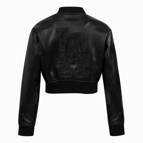 Women's Los Angeles Dodgers MLB Washed Crystalline Cropped Leather Varsity Jacket