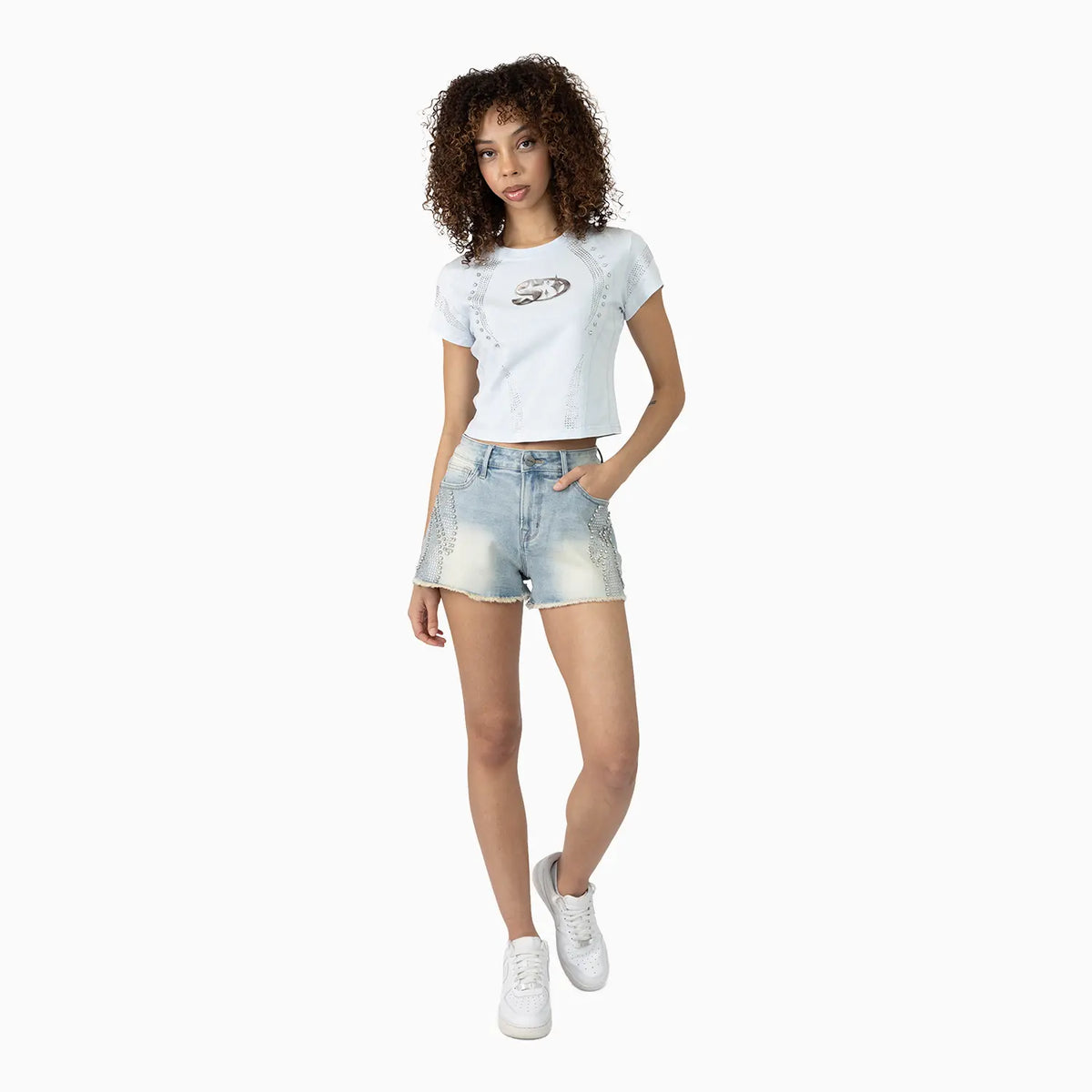 Women's Rhinestone Detail T-Shirt and Shorts Outfit