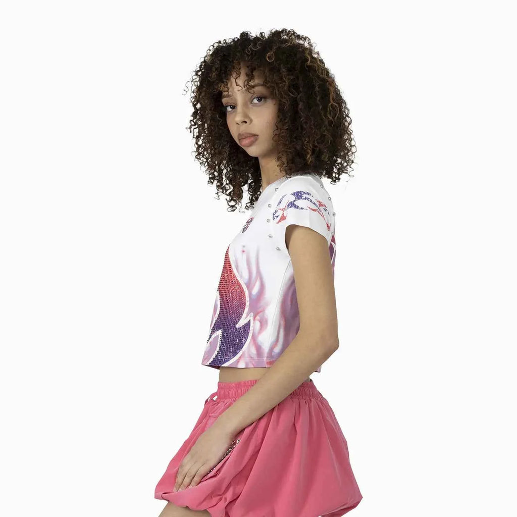Women's Fitted Rhinestone Cropped T-Shirt and Skirt Outfit
