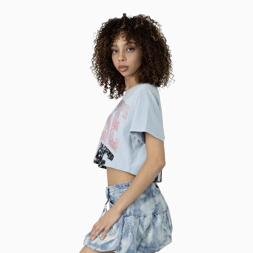 Women's Fitted Rhinestone Cropped T-Shirt and Skirt Outfit