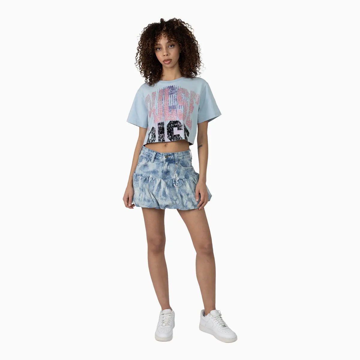 Women's Fitted Rhinestone Cropped T-Shirt and Skirt Outfit