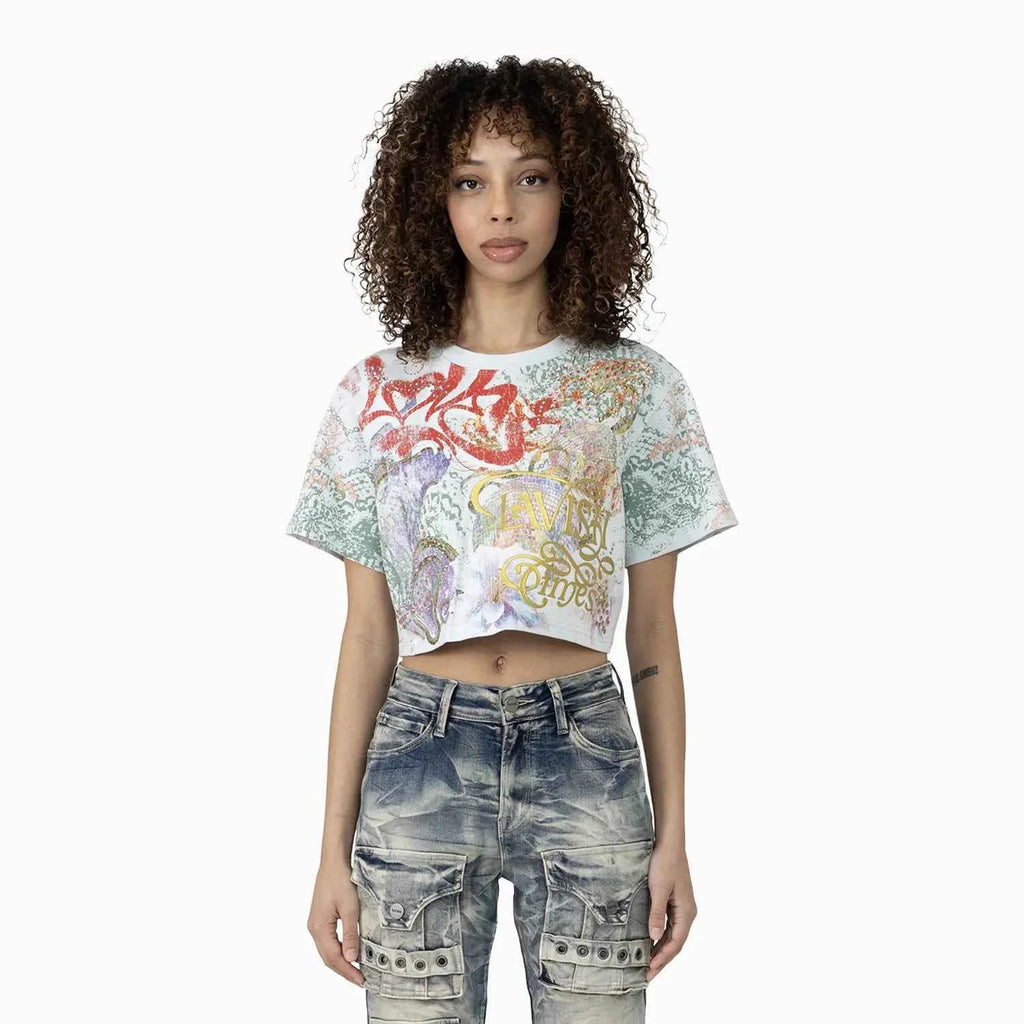 Women's Graphic Print Crop Top and Flared Cargo Pant Outfit