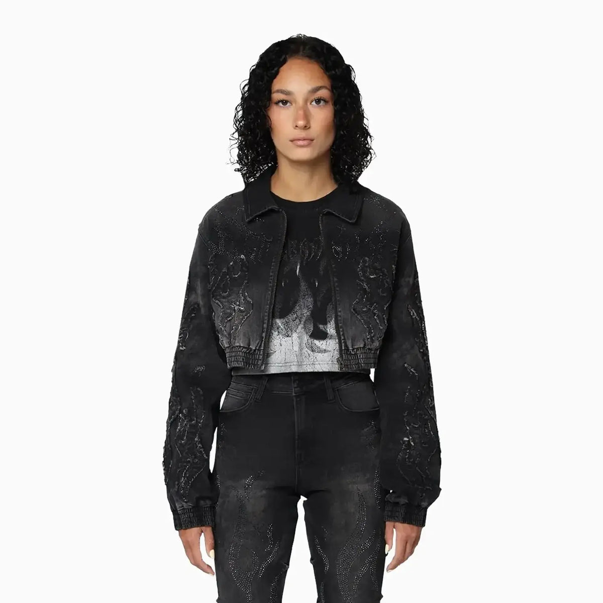 Women's Noir Rhinestone Denim Jacket & Jeans Outfit
