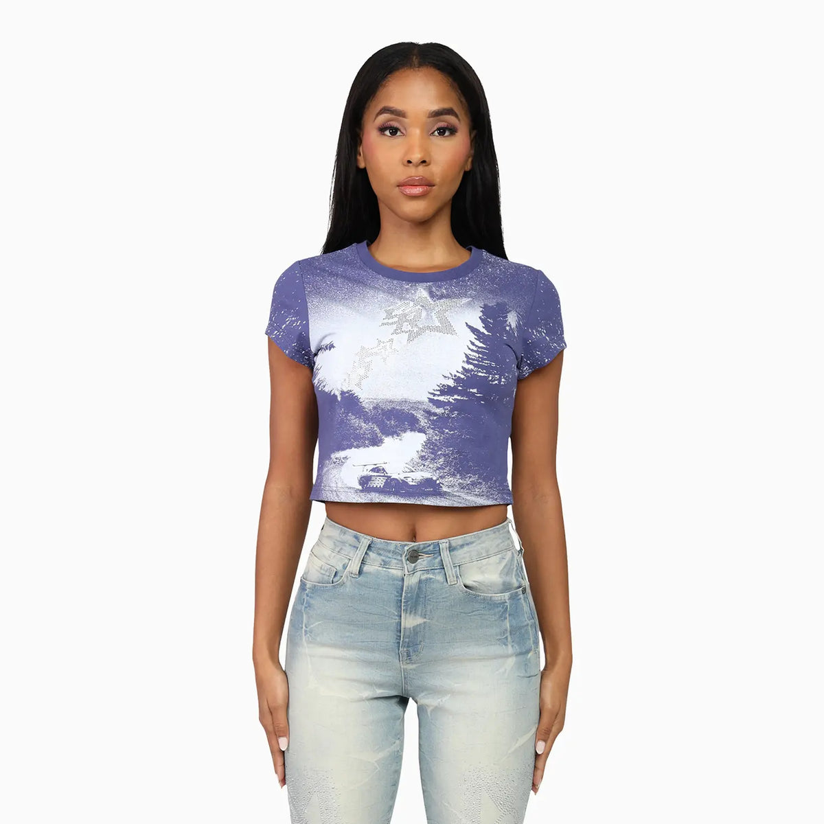 Women's Rhinestone Crop Top and Stack Jean Pant Outfit