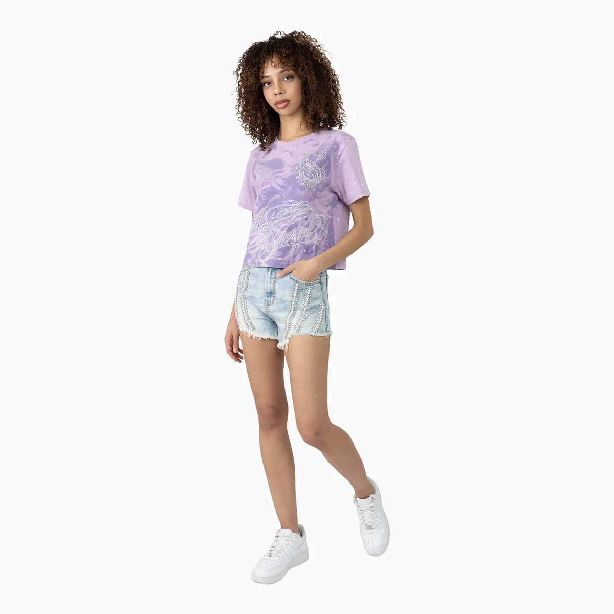 Women's Rhinestone Detail T-Shirt and Shorts Outfit