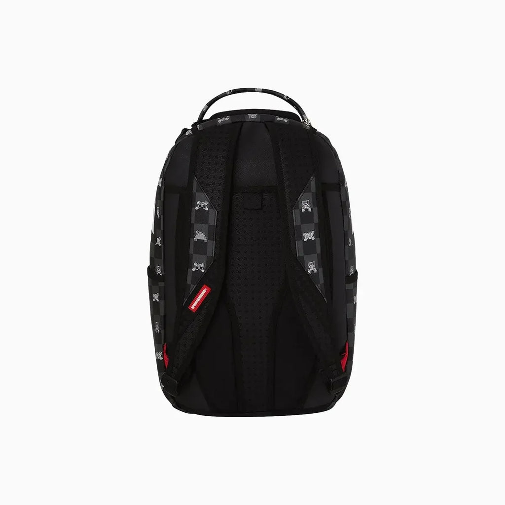 Sac à dos à carreaux gris avec personnage qui dépasse
