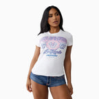 Camiseta de cuello redondo con logo de cristal y diseño de California para mujer