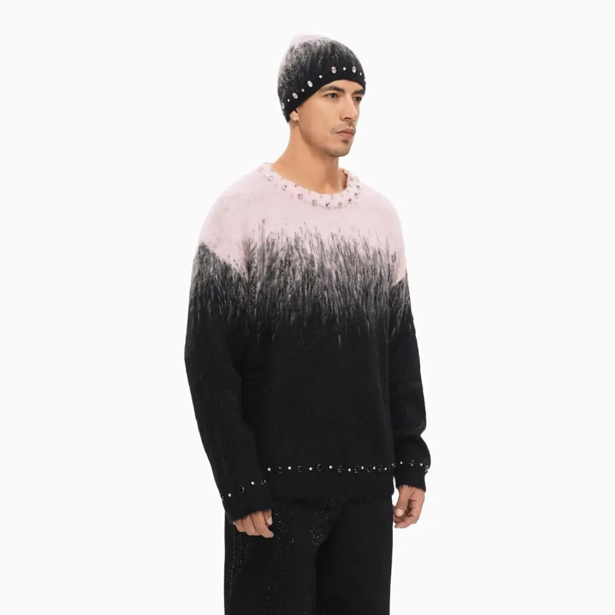 Men's Arranged Mohair Crew Neck Sweater